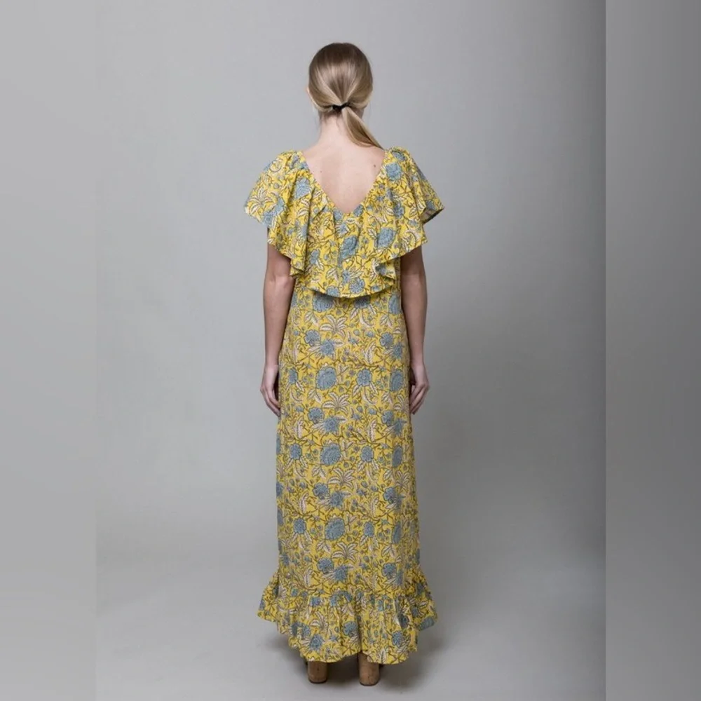 MILLE Resort & Travel Juliet Yellow Blue Floral Ruffle Maxi Summer Cotton Dress